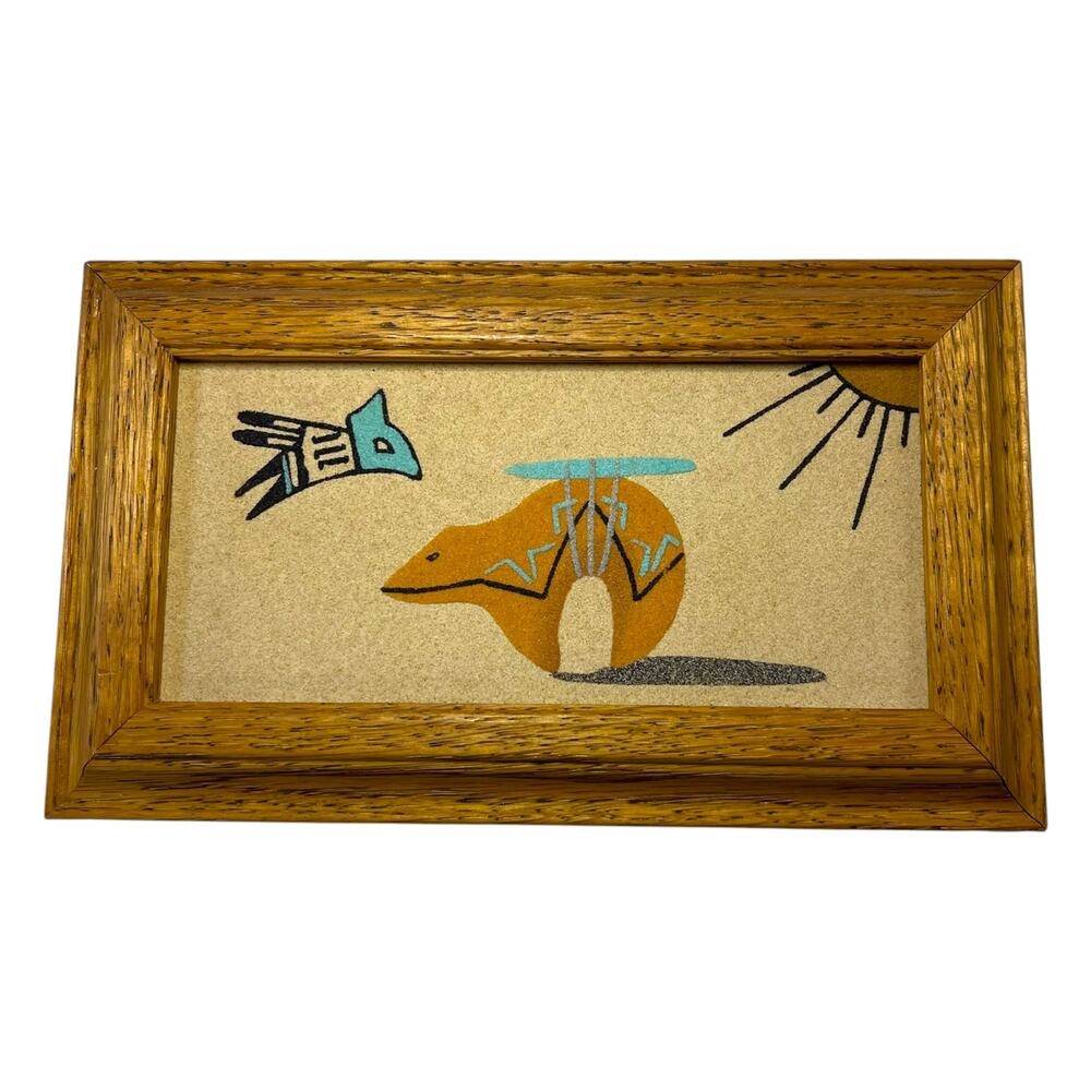 Vintage Southwestern Sand Art Framed Picture Native Pottery Bird Desert Decor